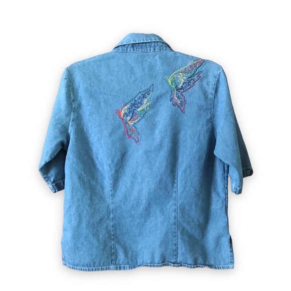 Sierra Pacific Short Sleeve Denim Jean Button Up Rainbow Butterfly Embroidery - Picture 2 of 6